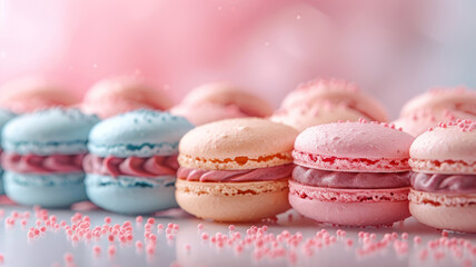 Fototapeta premium Assorted pink and blue macarons with sprinkles, close-up