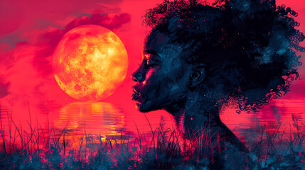 Beautiful afro woman's silhouette with closed eyes against a backdrop of a setting sun casting a warm orange glow on a still lake. Copy space