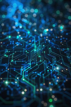 Interconnected blue and green network lines creating a futuristic circuit board design, with intricate details and glowing effects