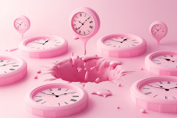 Abstract Surrealism Pink Clocks Melting into a Pink Pit in Dreamlike Landscape