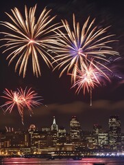 Fototapeta premium Fireworks exploding over a historic city skyline, capturing the essence of the celebration with a dark sky for copyspace.