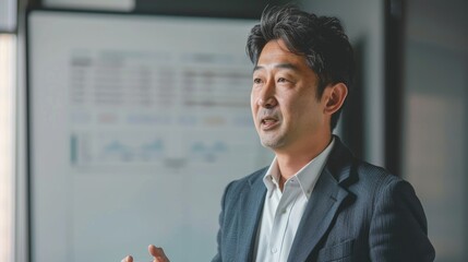 Fototapeta premium Asian man in suit speaking at conference with blurred presentation screen in background.