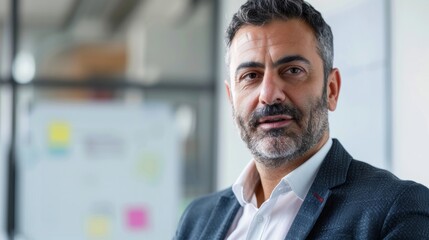 Fototapeta premium Man with gray beard and hair wearing a suit standing in an office with a whiteboard in the background.