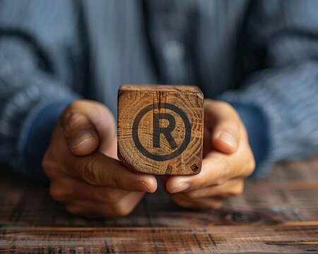 Person holding wooden block with copyright icon for author rights and patented intellectual property copyleft trademark license Copyright or patent concept