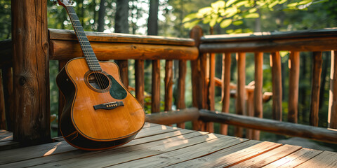 Wooden Acoustic Guitar on Rustic Porch in Forest Sunlight   Peaceful Outdoor Music Setting