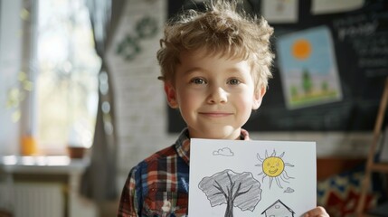 Young boy proudly holding a drawing of a sunny day with a tree and a house.
