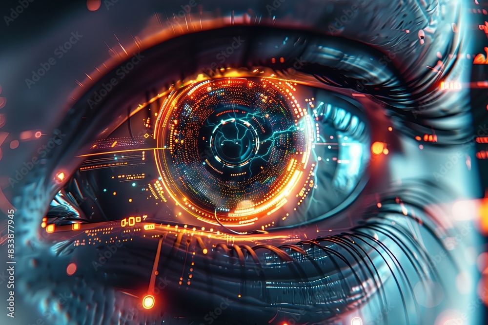Aufkleber Digital eye, secure technology concept. Futuristic vision with laser abstract display, cyber science interface. Scan access, information communication, circuit future. Virtual