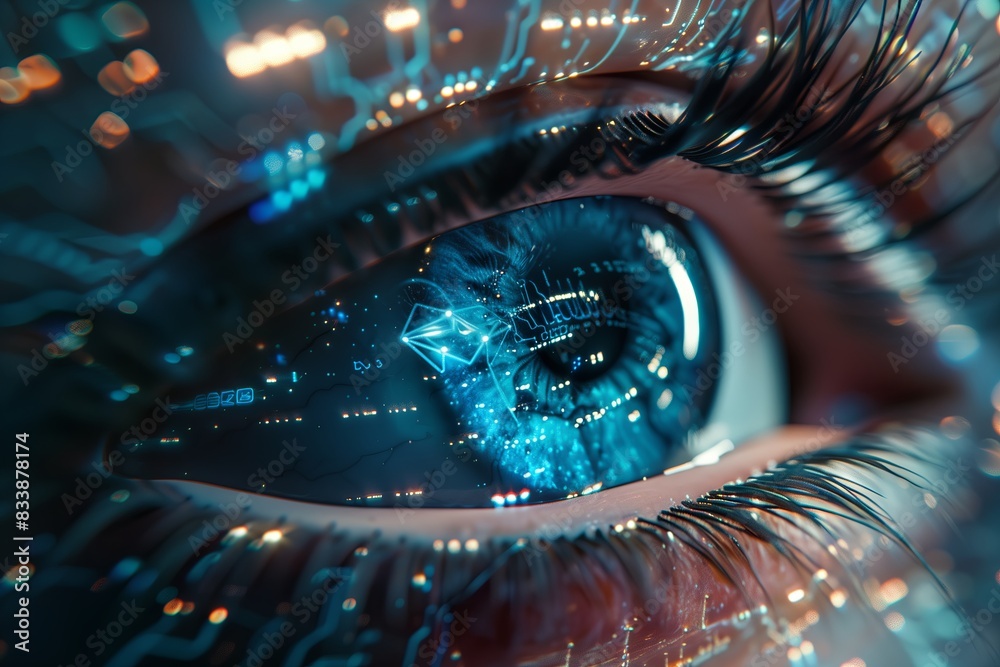 Poster Digital eye technology, futuristic future scan. Secure concept vision, human data identification. Biometric access with focus closeup. Computer iris view, woman interface.