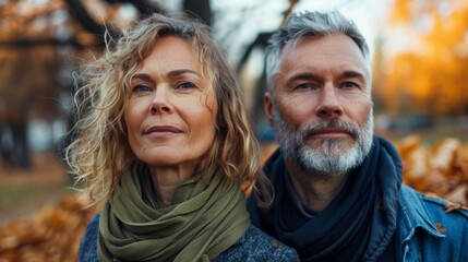 Fototapeta premium A man and woman with graying hair standing close together looking directly at the camera with a serious expression set against a blurred autumn leaf background.