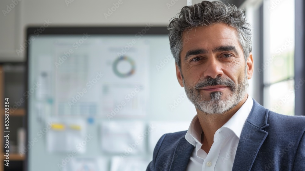 Poster A man with a gray beard and hair wearing a blue suit and white shirt standing in an office with a whiteboard in the background.