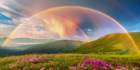 Obraz premium Breathtaking Double Rainbow Over Mountain Meadow with Blooming Flowers at Sunset