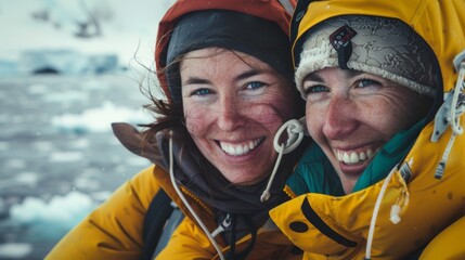 Two smiling women in winter gear possibly on a polar expedition with snowy landscape in the background.