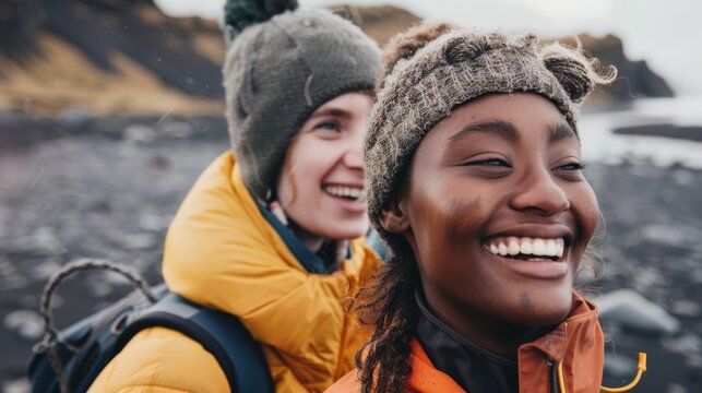 Two friends one wearing a yellow jacket and the other in orange smiling and enjoying a hike on a rocky beach with a backdrop of a mountainous landscape.