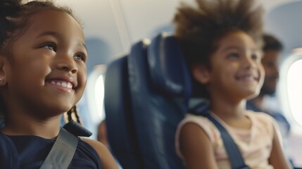 Two young girls with curly hair sitting in airplane seats smiling and looking up possibly at the airplane's interior or the view outside the window.