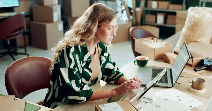 Business, boxes and woman with tablet, retail and online order with ecommerce, update inventory and website info. Entrepreneur, person and employee with tech, digital app and research for product