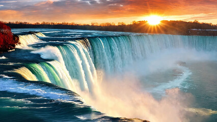 Horseshoe falls with sunrise background with copyspace, 16:9, 300dpi