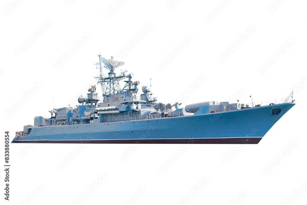 Wall mural Military navy Russian missle ship sinked destroyed by Ukraine. Military Russian warship in PNG isolated on transparent background