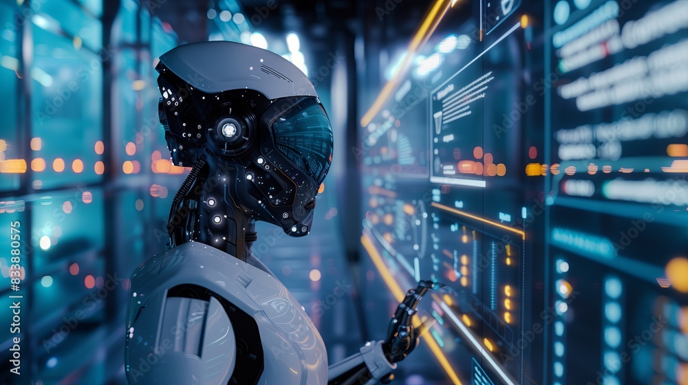 Poster Futuristic robot technology with artificial intelligence, digital cyborg and android. Business data network, cybernetic machine, computer system. Blue interface, science