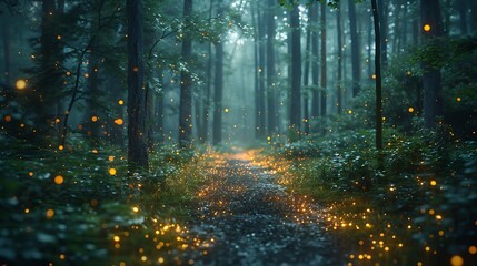 A dark, enchanting forest at night, scattered twinkling fireflies, mysterious and magical ambiance, vibrant glows, soft focus, high contrast, hd quality, vivid green and yellow hues.