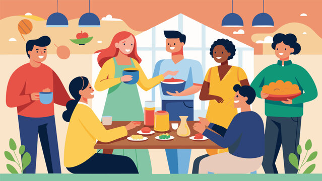 A warm and welcoming atmosphere as neighbors gather together over a potluck dinner united by a love for good food and great company.. Vector illustration