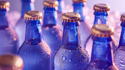 Close-up of blue glass bottles with condensation and gold caps.