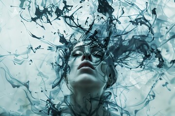 Female portrait, face of young woman with beauty hair fashion. Model in fantasy caucasian glamour concept, dream sensuality. Water art, light adult make-up, underwater sad