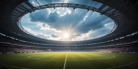 A large, modern sports stadium with a circular design and illuminated seating areas,