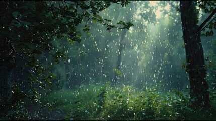 landscape autumn rain drops splashes in the forest background, october weather landscape beautiful park.