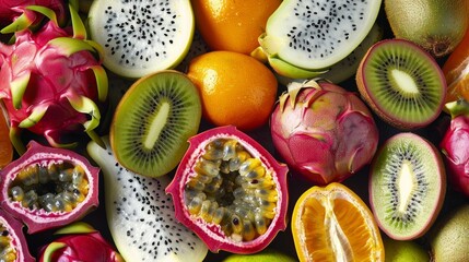 An array of exotic organic fruits such as dragonfruit kiwi and passion fruit creating a feast for...