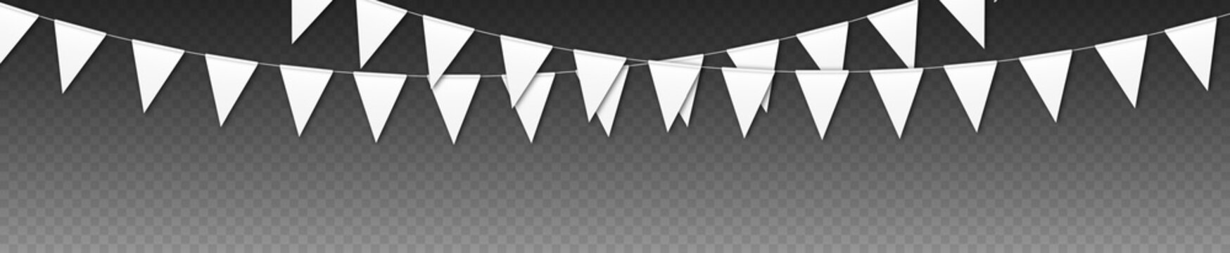 Bunting flags mockup, carnival party flags, festive pennants hanging on a rope. Festival vector decoration.