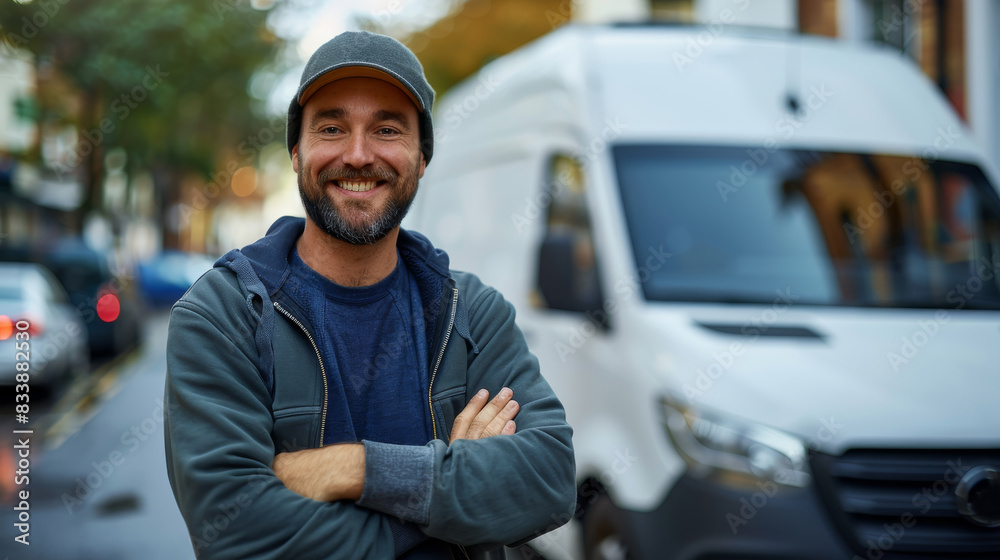 Poster a smiling delivery man stands with his arms crossed in front of a white van. generative ai.