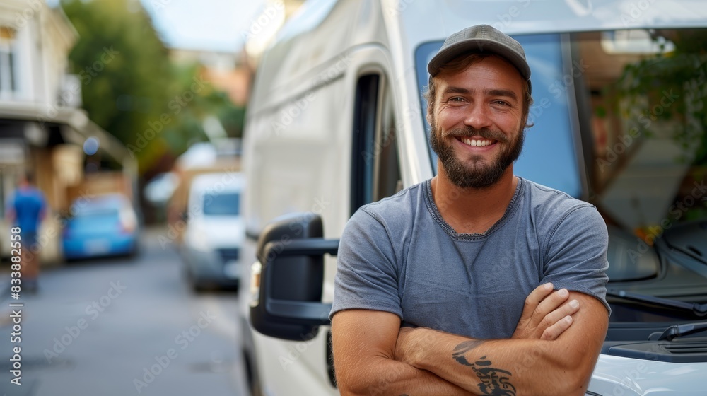 Poster a smiling delivery man stands with his arms crossed in front of a white van. generative ai.