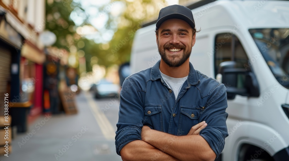 Poster a smiling delivery man stands with his arms crossed in front of a white van. generative ai.