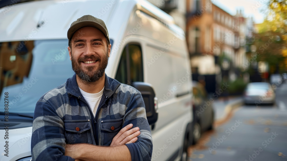 Poster a smiling delivery man stands with his arms crossed in front of a white van. generative ai.