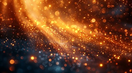 Obraz premium A dynamic abstract glitter rain background, golden particles caught in a beam of light, cascading and twinkling, rich gold hues, shimmering effects, vibrant and dazzling.