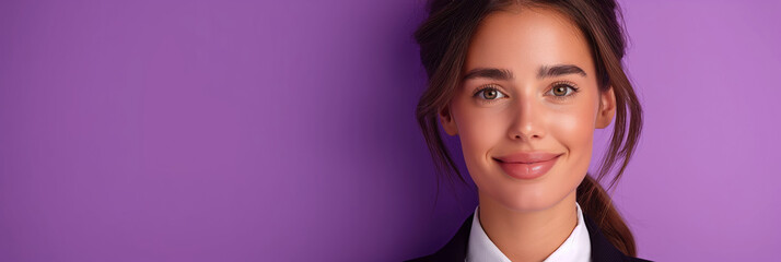 Fototapeta premium Confident businesswoman against purple background. This image symbolizes empowerment and professionalism, ideal for corporate and motivational uses