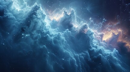 A dynamic abstract space scene, nebula with twinkling stars, vibrant blues and purples, cosmic dust creating intricate patterns, ethereal light and shadow, vivid and bright, hd quality.