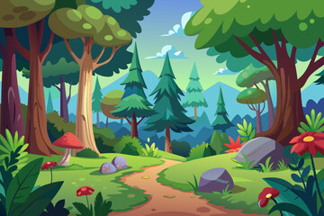 Obraz premium Cartoon-style forest background vector illustration 