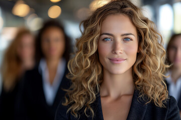 Confident businesswoman with curly blonde hair. Portrays leadership and confidence in a professional work environment. Suitable for business, corporate, career, marketing, and editorial purposes.