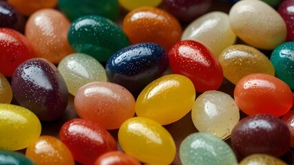 a pile of colorful jelly beans in various flavours and shades with each bean looking perfectly smooth shiny