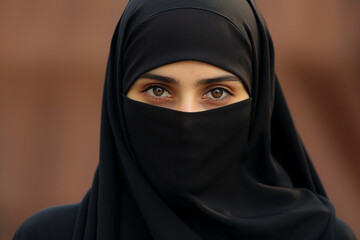 Naklejka premium Face of a woman in a niqab, close-up, eyes.