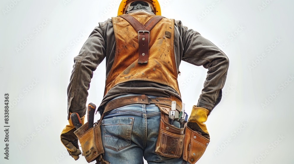 Poster a construction worker from the waist down, wearing a hard hat and carrying tools. the worker is depi