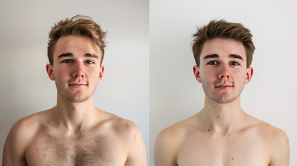 A young Caucasian man stands against a white background. In the before photo, he has a bare chest with visible body hair. In the after photo, his chest is hairless, showing the results of waxing.