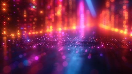 Fototapeta premium A high-energy abstract scene with neon lights, twinkling in a chaotic dance, vibrant electric colors, dynamic light streaks, high contrast, hd quality, soft glow, vivid hues.