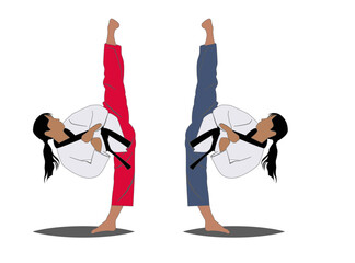 Taekwondo poomsae players red and blue uniforms yop chagui high kick vector