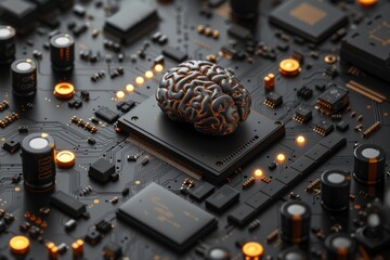 Microchip with Miniature Brain, Symbolizing the Fusion of Technology and Cognitive Science