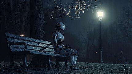 A lonely robot sits on a park bench at night, pondering its existence.