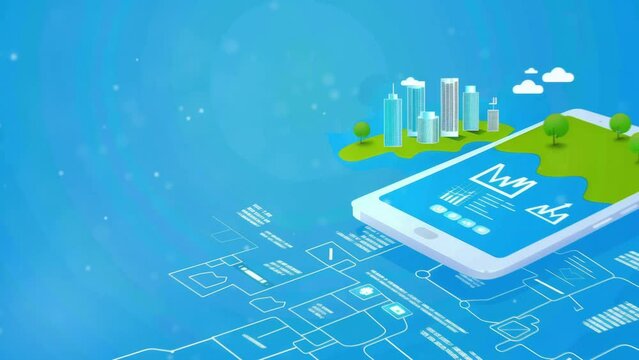 Application of Smartphone with business graph and analytics data on isometric mobile phone. Analysis trends and software development coding process concept. Programming, testing cross platform code.