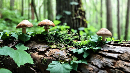Mushrooms on a dead huge tree trunk with a green ivy in the dense woods with copyspace, 16:9, 300dpi