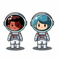 Boy and girl astronauts in cosmic suits, 
 Vector cartoon flat design isolated set